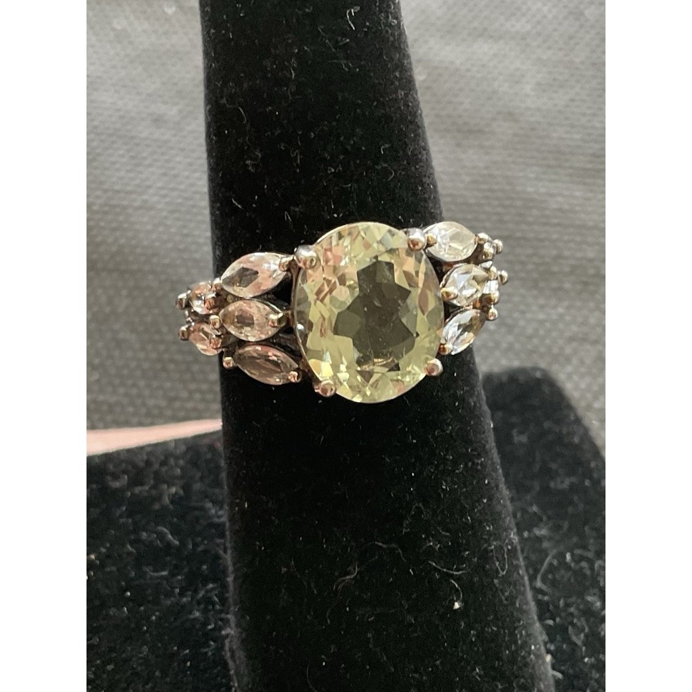 R 925 Sterling Silver Ring Size 6.25 Pale Yellow Stone Clear Accents Vintage